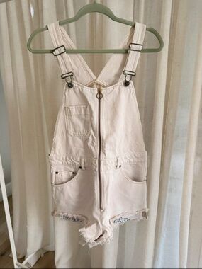 We the free Shortalls Cream Zip-Front Denim Overall jumpsuit